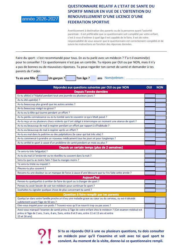 questionnaire médical mineur